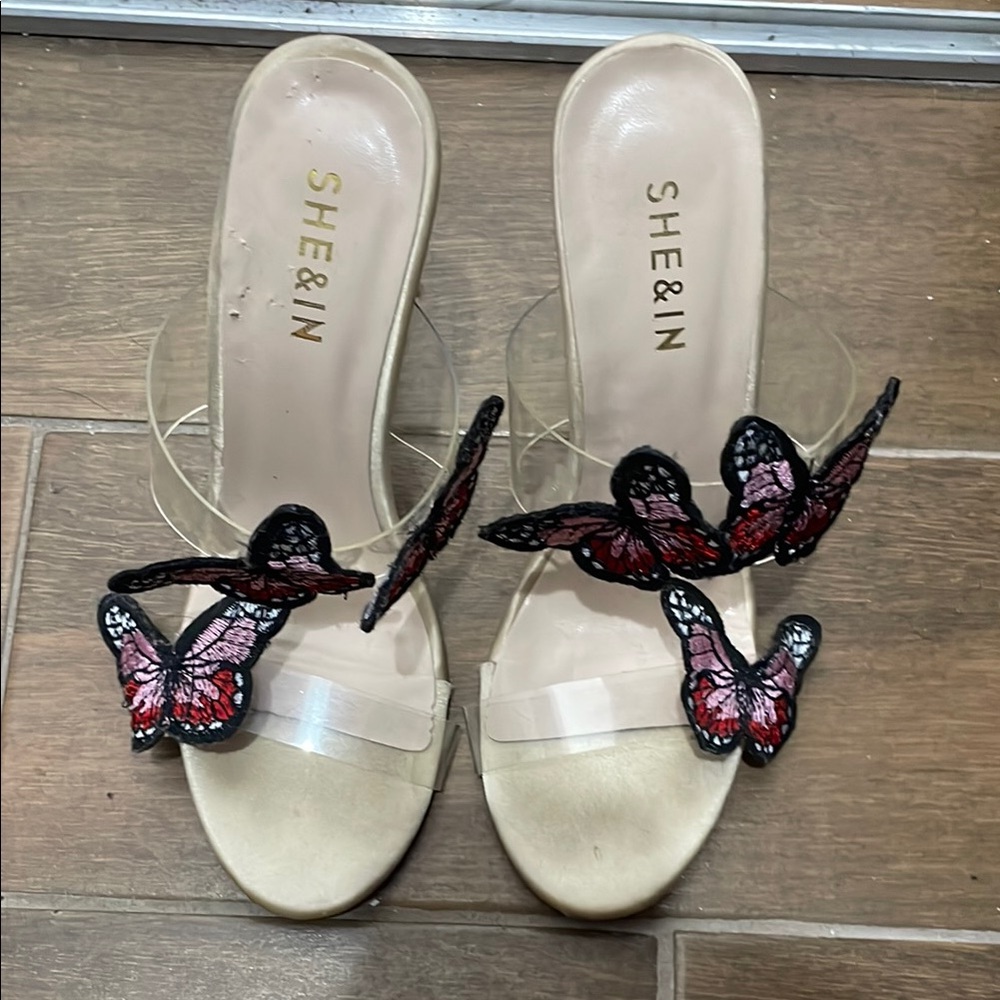 SHEIN Cream and Red Butterfly Embellished Mules